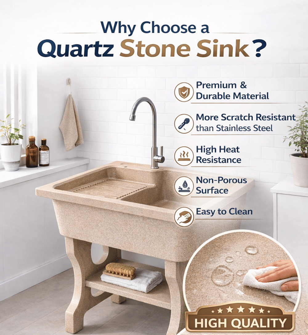 อ่างล้างจานขาตั้ง หินควอตซ์ 1 หลุม 1 ที่พัก DINOSAUR WASHTUB ขนาด 80X70X23ซม. สี SAND